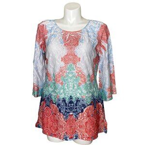 Reba Multicolor Bohemian Tunic Top, 3/4 Sleeves Paisley Print Design Women's L